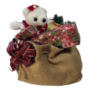 Burlap Christmas Decor Santa Bag with Plush Toys Greenery & Wrapped Gift Boxes